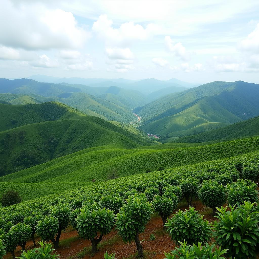 Phong cảnh Xã Xuân Sơn với đồi thấp lượn sóng và đất đỏ bazan màu mỡ trồng cây công nghiệp.